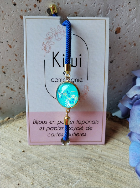 Bracelet réglable en coton bleu - cabochon floral turquoise , doré et bleu