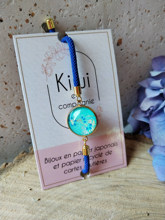 Bracelet réglable en coton bleu - cabochon floral turquoise , doré et bleu