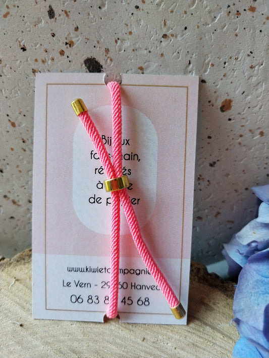 Bracelet réglable en coton rose  - cabochon rouge fleur rose