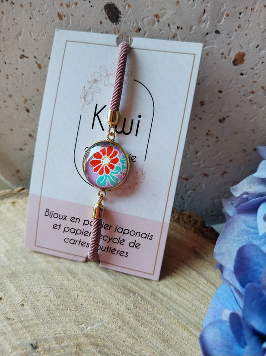 Bracelet réglable en coton vieux rose  - cabochon violet fleur rouge