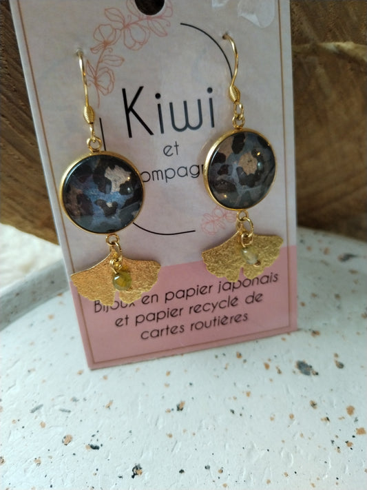 Boucles d'oreilles cabochons ronds 16mm - Acier inoxydable doré - Léopard