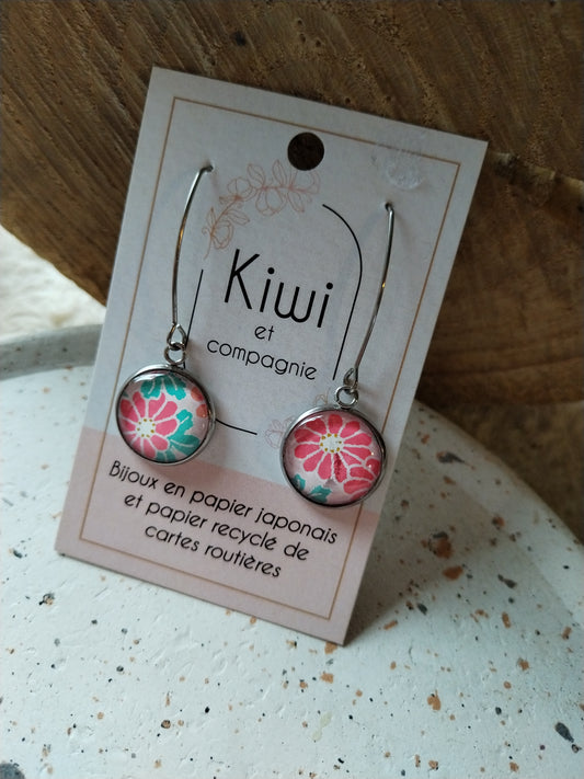 Boucle d’oreilles longue  acier cabochon fleur rose
