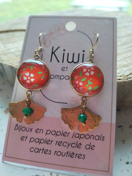 Boucles d'oreilles cabochons ronds 16mm - Acier inoxydable doré -orange