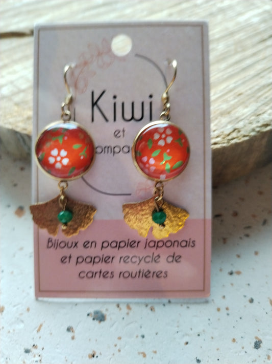 Boucles d'oreilles cabochons ronds 16mm - Acier inoxydable doré -orange