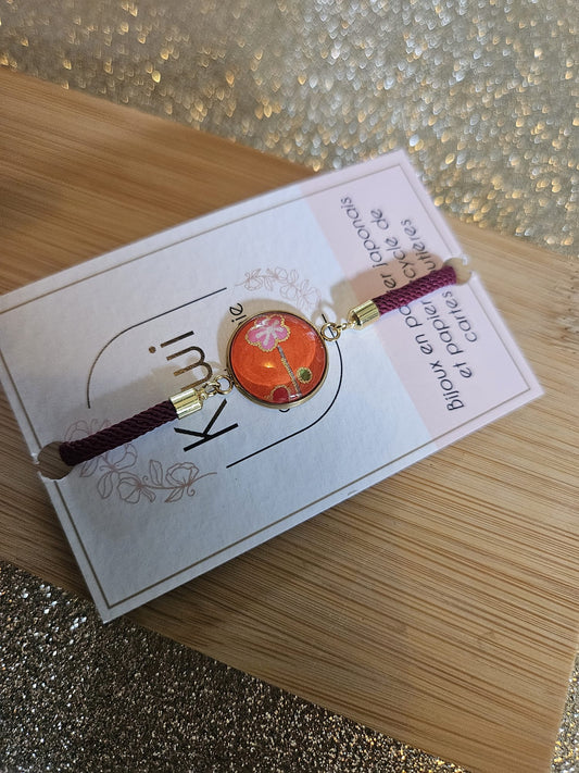 Bracelet réglable en coton bordeaux - cabochon orange et fleur
