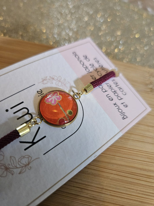 Bracelet réglable en coton bordeaux - cabochon orange et fleur