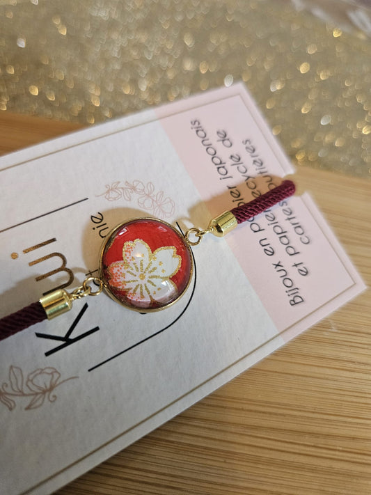 Bracelet réglable en coton bordeaux - cabochon rouge  et fleur