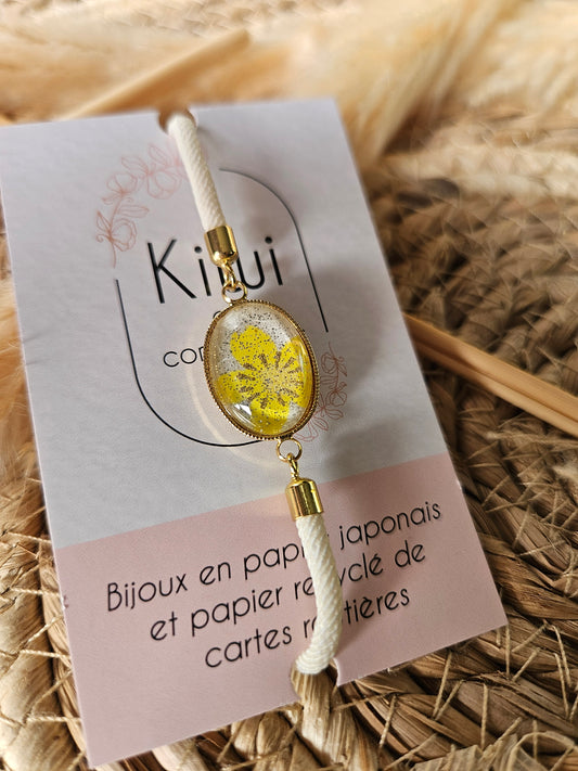 Bracelet réglable en coton blanc - cabochon jaune blanc et paillettes