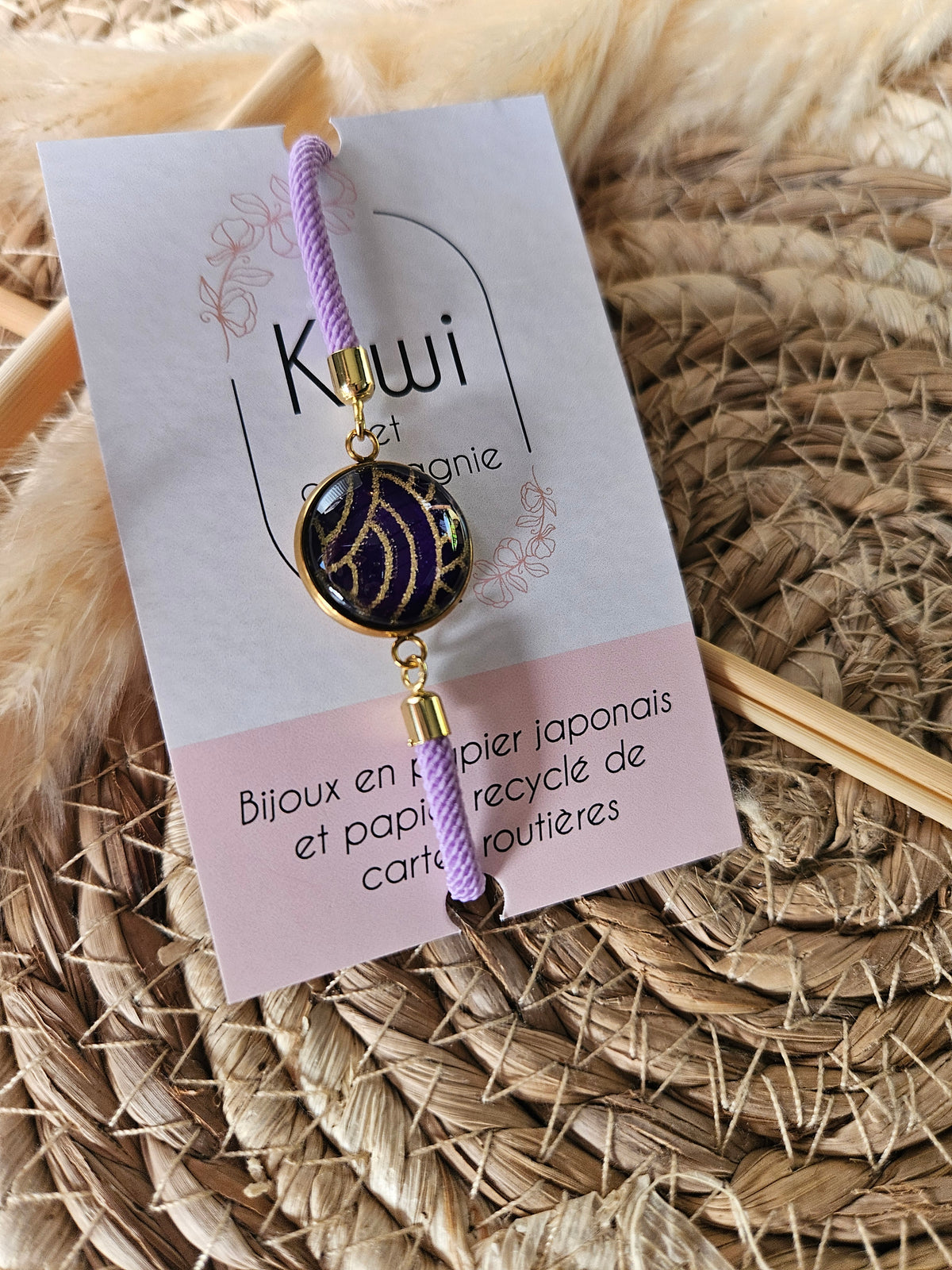 Bracelet réglable en coton mauve - cabochon violet et doré