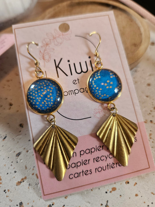 Boucles d'oreilles cabochons ronds 16mm - Acier inoxydable doré - papier japonais bleu petrol, pois dorés - breloque losange