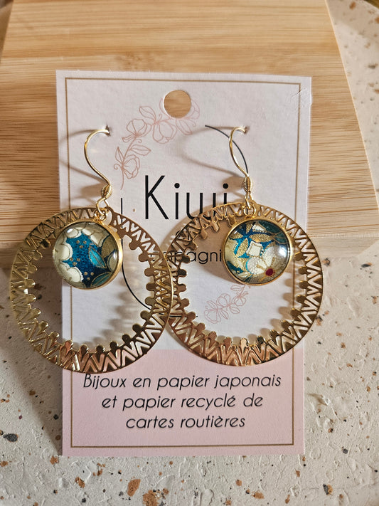 Boucles d'oreilles cabochons ronds 14mm - Acier inoxydable doré -anneau filigrane -vert