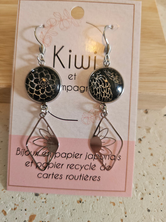Boucles d'oreilles cabochons ronds 14mm - Acier inoxydable -losange noir