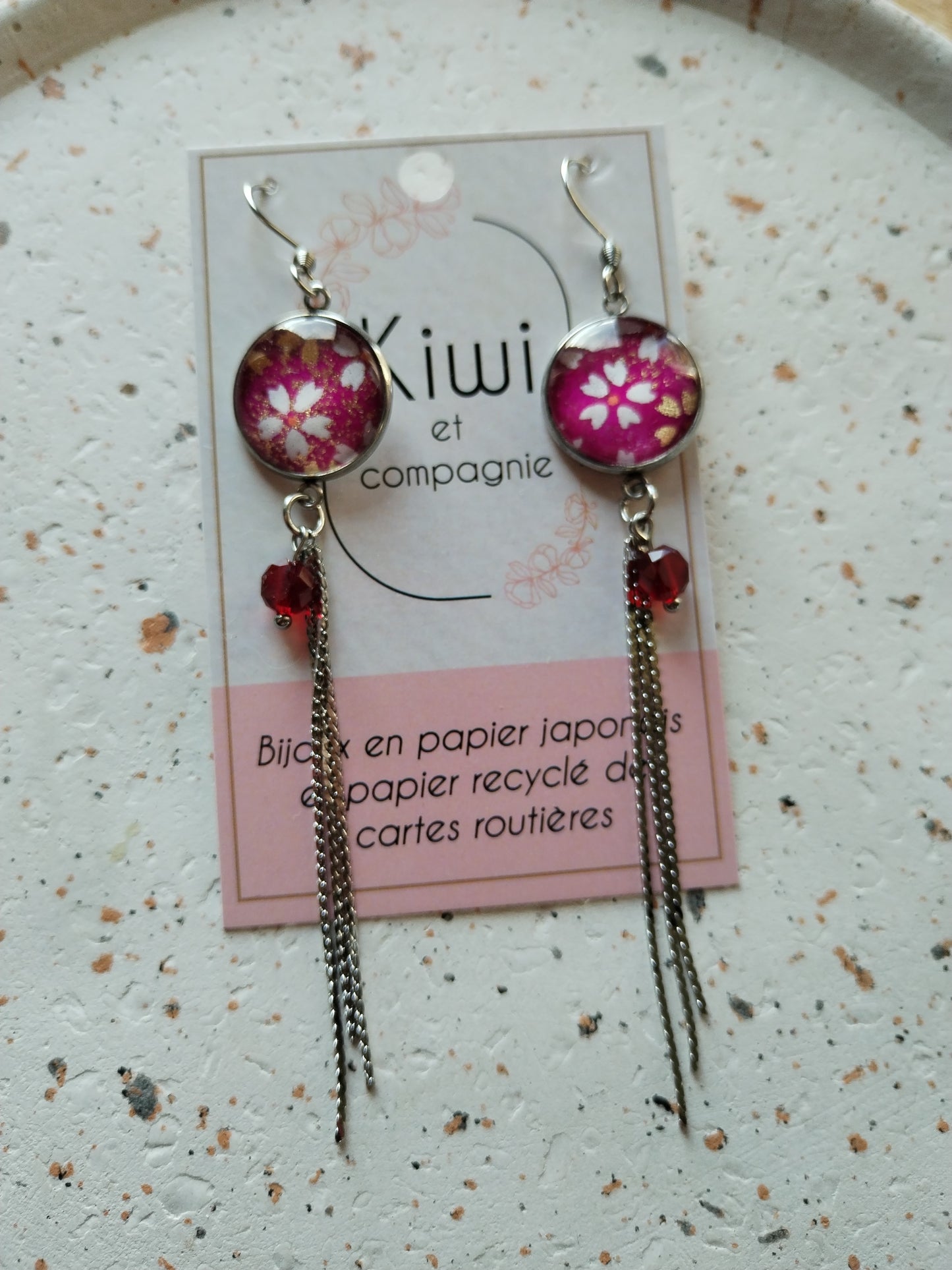 Boucles d'oreilles  - Cabochons 16mm - Acier inoxydable - Papier japonais floral framboise, blanc et doré