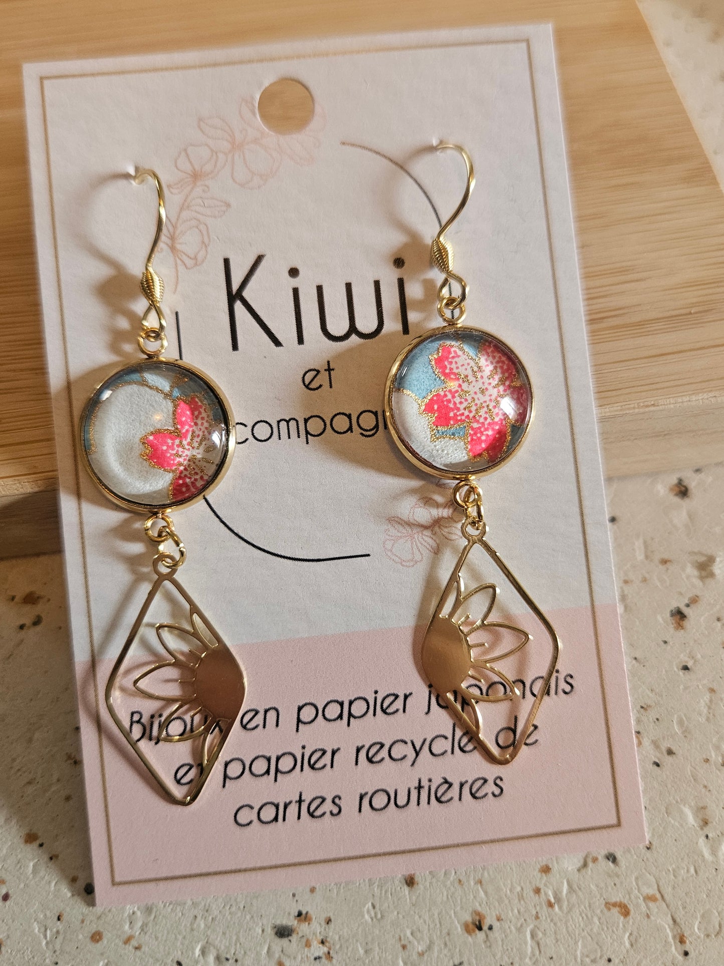 Boucles d'oreilles cabochons ronds 14mm - Acier inoxydable doré -losange