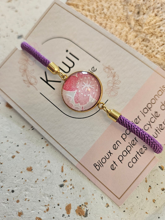 Bracelet réglable en coton violet- cabochon fleur rose clair