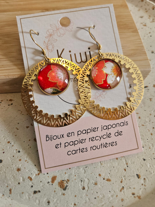 Boucles d'oreilles cabochons ronds 16mm - Acier inoxydable doré -anneau filigrane -rouge