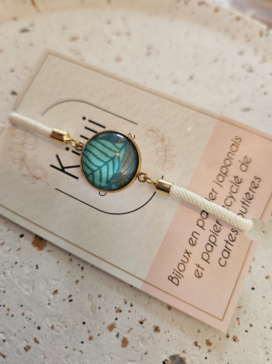 Bracelet réglable en coton blanc- cabochon feuillage turquoise