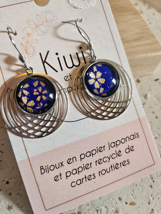 Boucles d'oreilles cabochons ronds 14mm - Acier inoxydable -cercle filigrane -bleu nuit