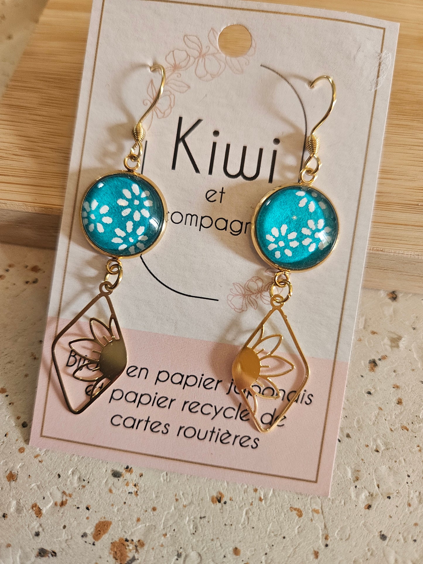 Boucles d'oreilles cabochons ronds 14mm - Acier inoxydable dore -losange-turquoise