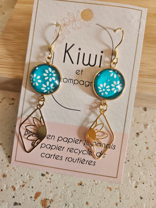 Boucles d'oreilles cabochons ronds 14mm - Acier inoxydable dore -losange-turquoise