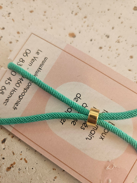 Bracelet réglable en coton vert -cabochon vert et blanc