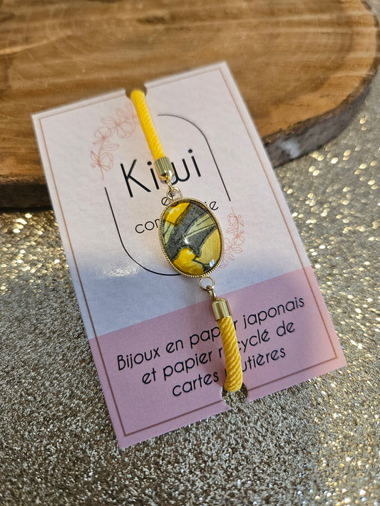 Bracelet réglable en coton jaune - cabochon jaune et kaki -oval-