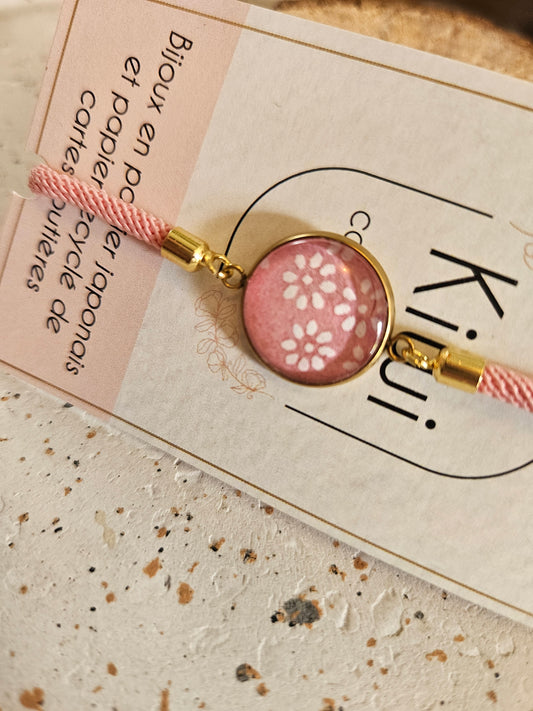 Bracelet réglable en coton rose - cabochon rose fleur blanche
