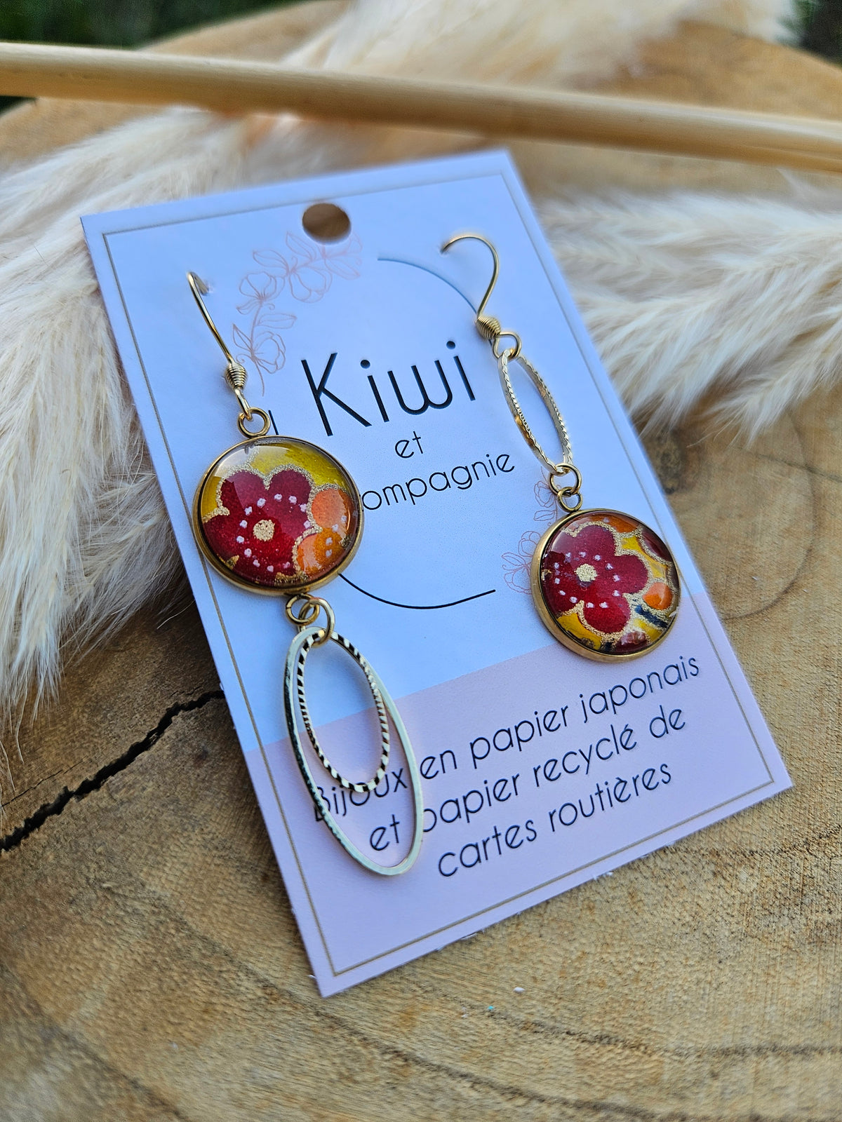 Boucles d'oreilles asymétriques en acier doré  – Cabochons 16mm-couleur automne