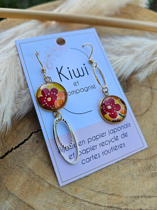 Boucles d'oreilles asymétriques en acier doré  – Cabochons 16mm-couleur automne