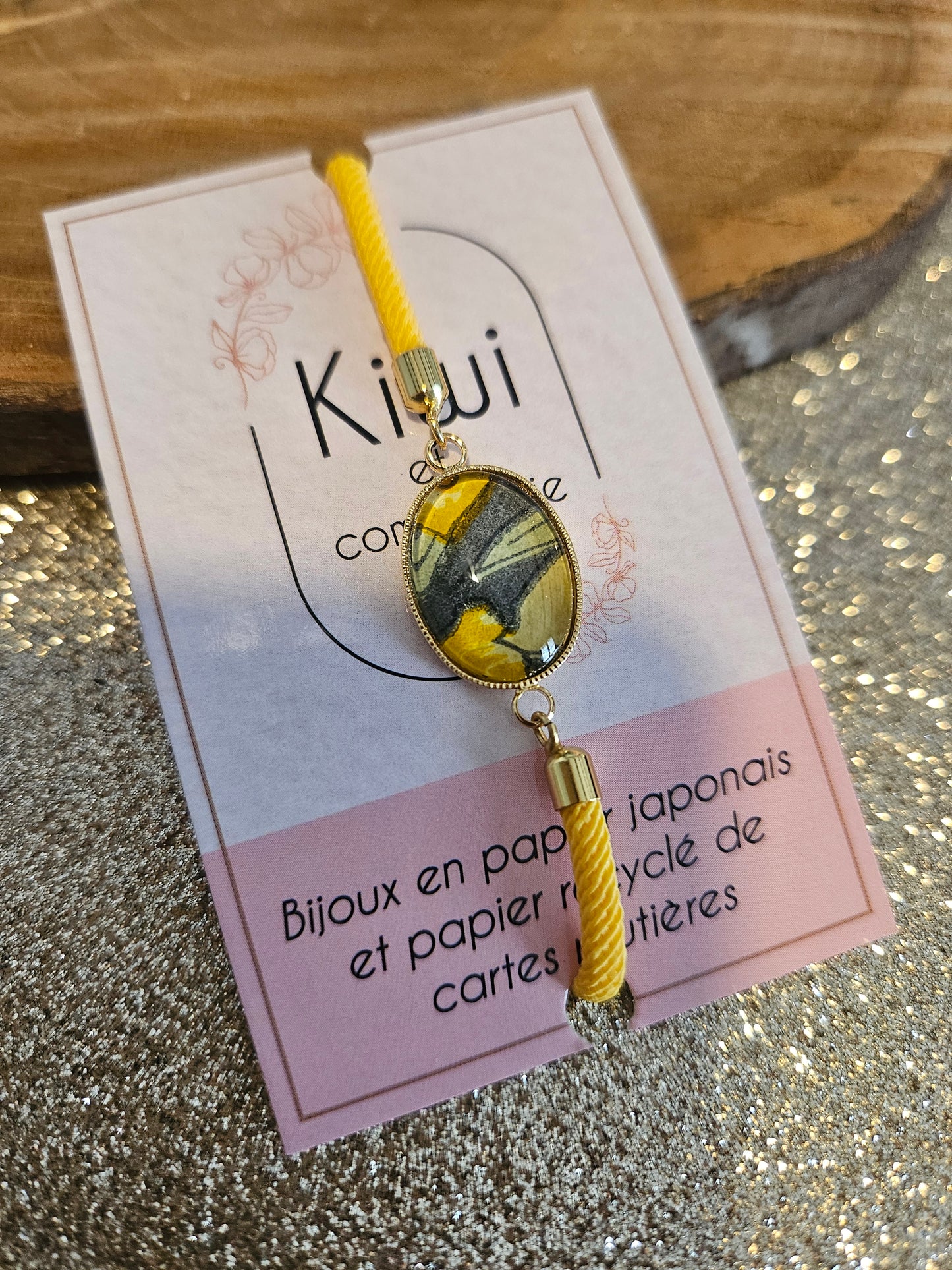 Bracelet réglable en coton jaune - cabochon jaune et kaki -oval-
