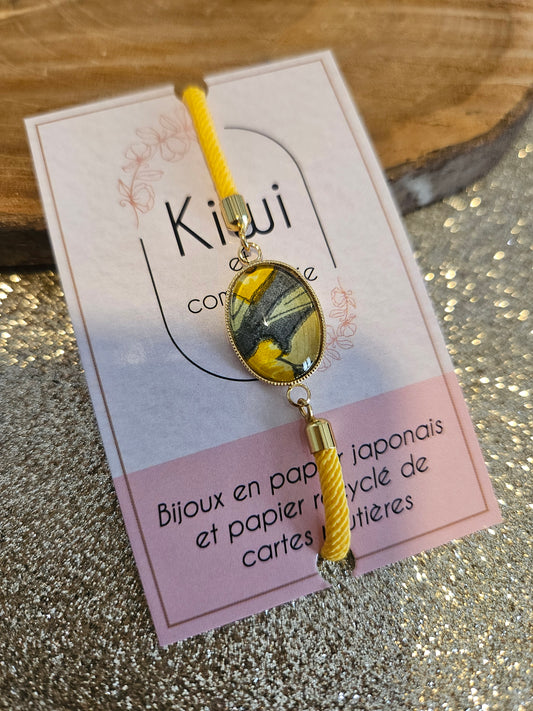 Bracelet réglable en coton jaune - cabochon jaune et kaki -oval-