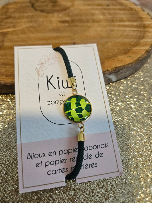 Bracelet réglable en coton vert foncé- cabochon vert