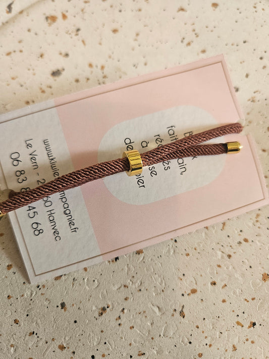 Bracelet réglable en coton brun- cabochon rose fleur blanche