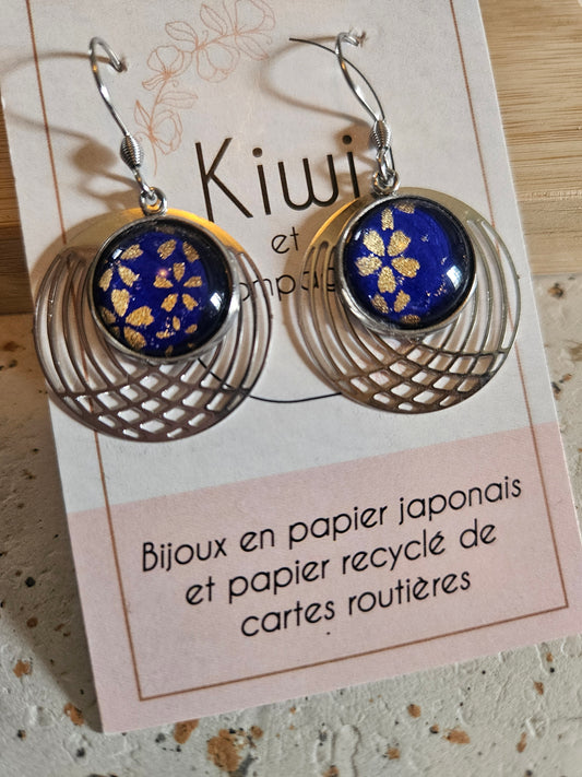 Boucles d'oreilles cabochons ronds 14mm - Acier inoxydable -cercle filigrane -bleu nuit