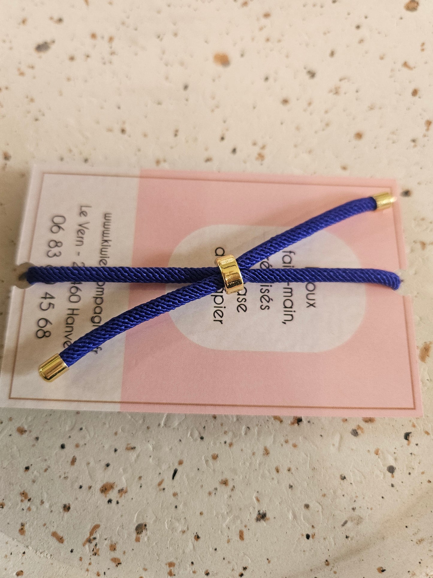 Bracelet réglable en coton bleu- cabochon bleu fleur dore