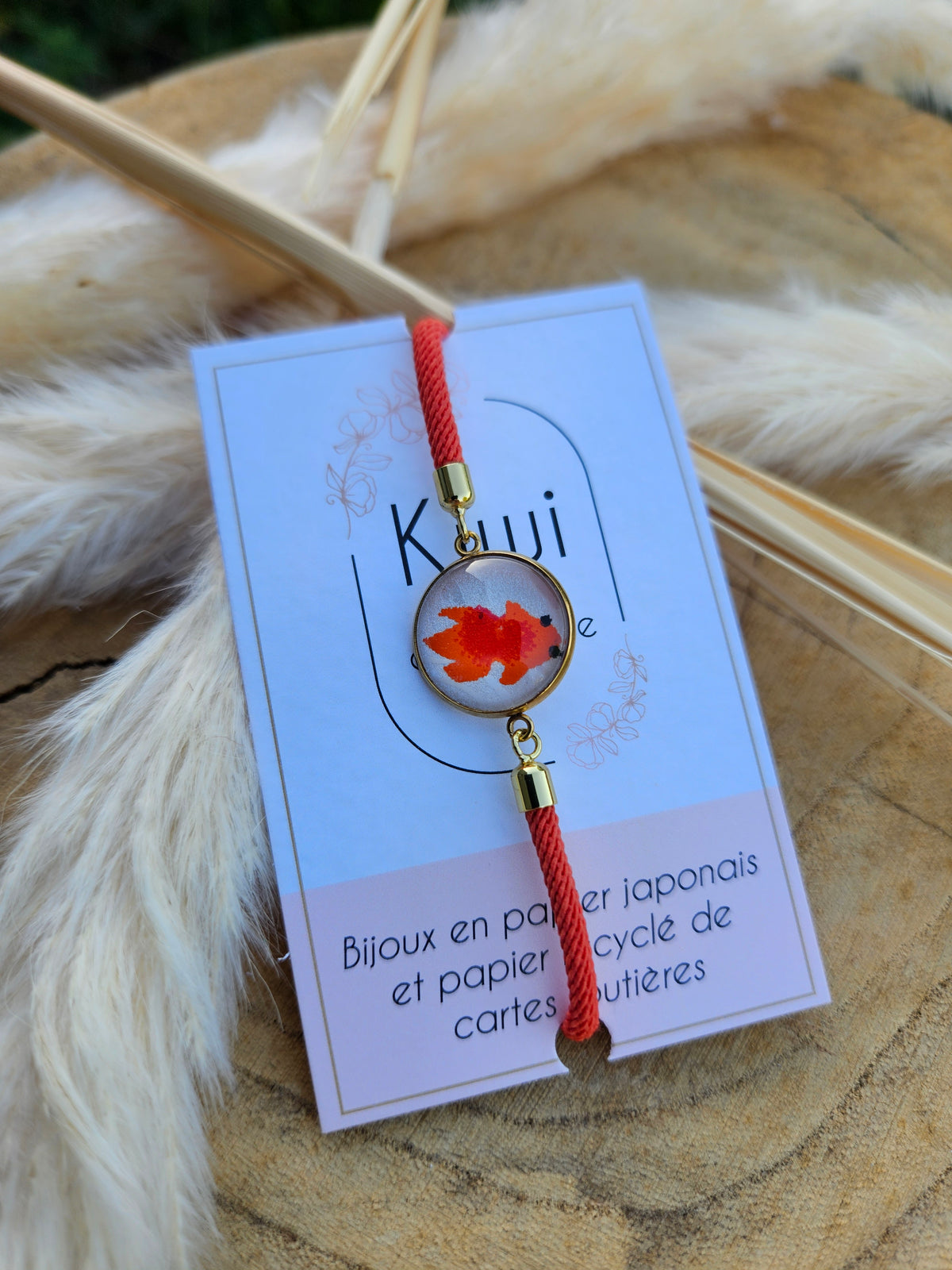 Bracelet réglable en coton orange- cabochon carpe koi-