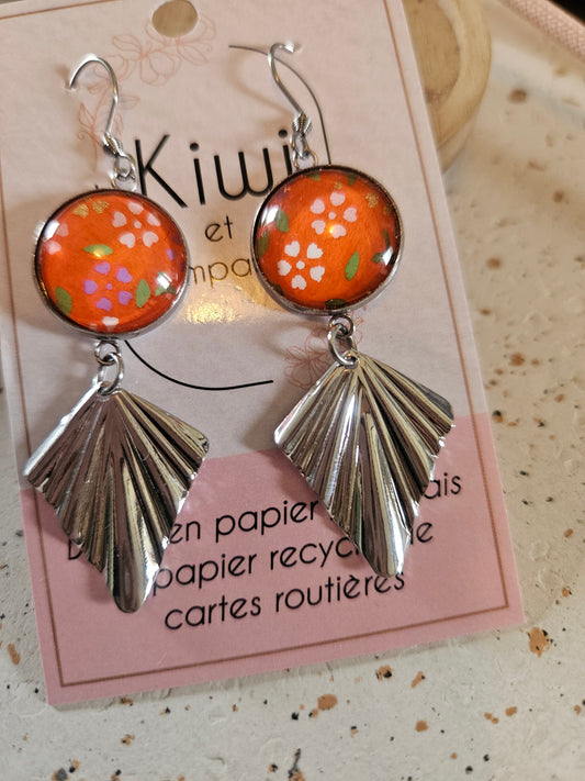 Boucles d'oreilles cabochons ronds 16mm - Acier inoxydable - papier japonais orange floral - breloque losange