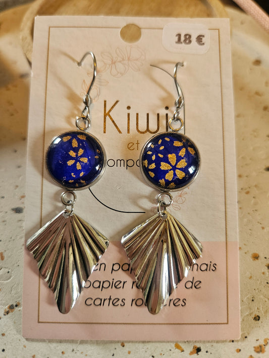 Boucles d'oreilles cabochons ronds 16mm - Acier inoxydable - papier japonais bleu floral - breloque losange