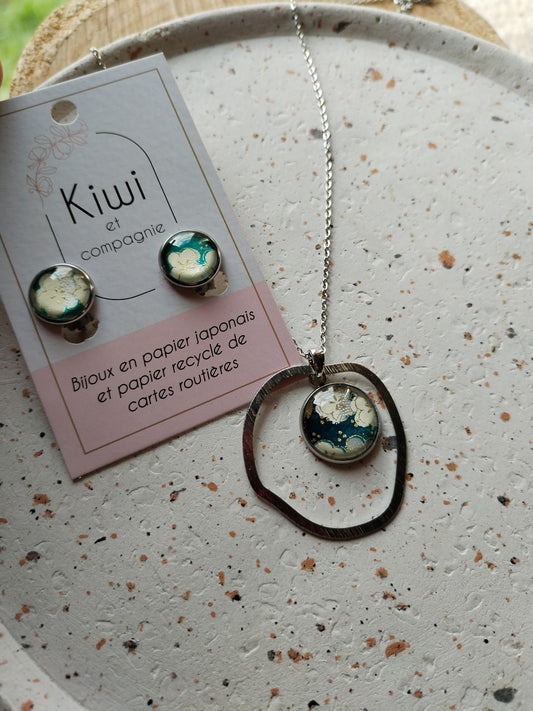 Parure clip /collier turquoise et blanc