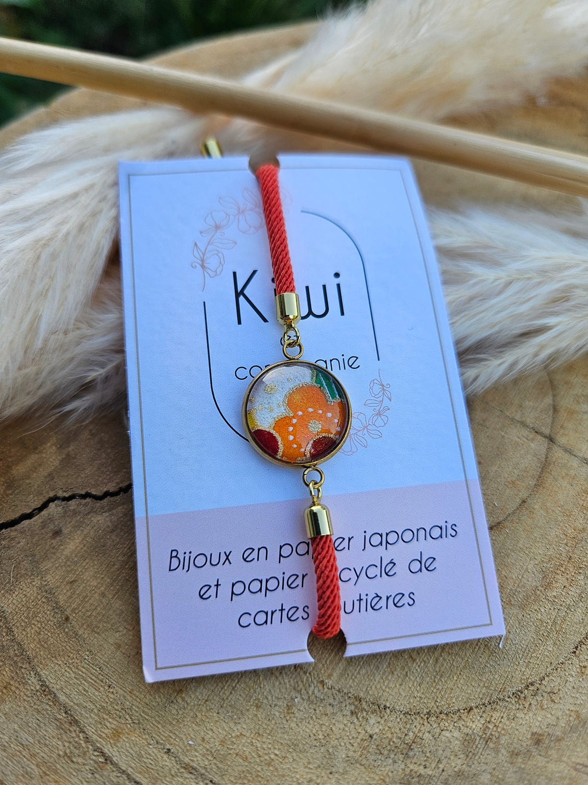 Bracelet réglable en coton orange - cabochon orange -fleur automne