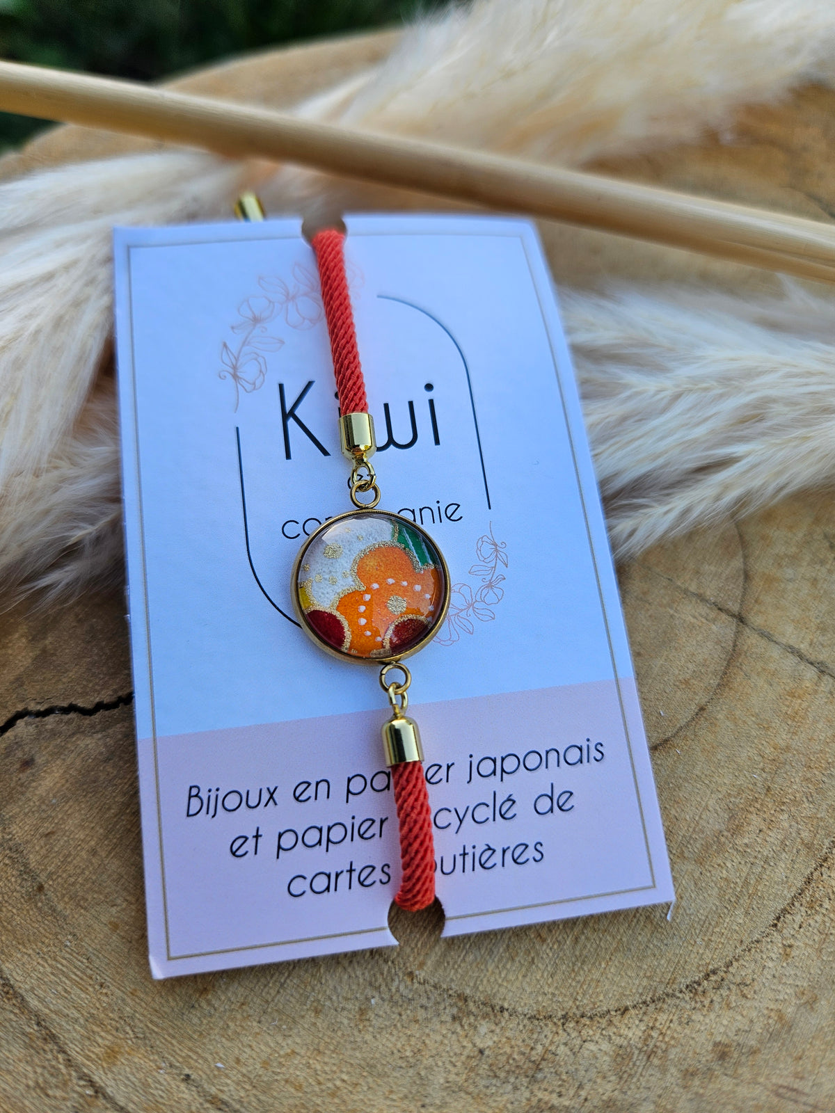 Bracelet réglable en coton orange - cabochon orange -fleur automne