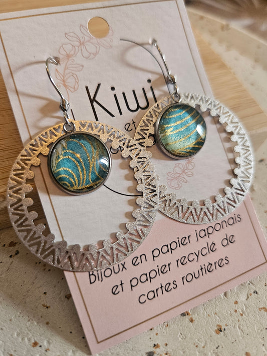 Boucles d'oreilles cabochons ronds 14mm - Acier inoxydable -anneau filigrane -vert