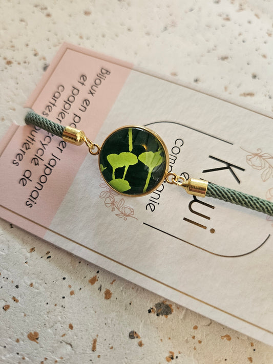 Bracelet réglable en coton vert- cabochon vert