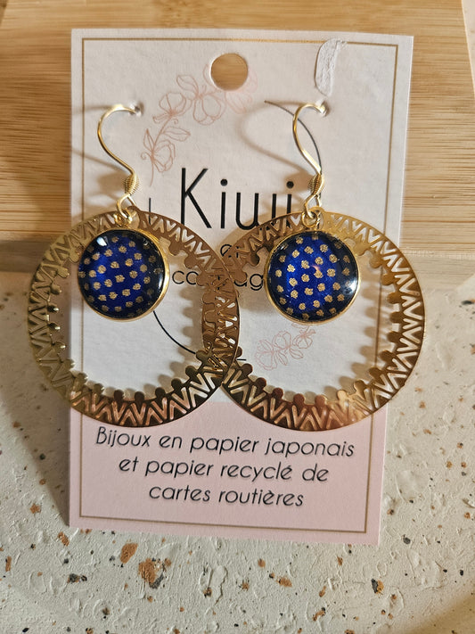 Boucles d'oreilles cabochons ronds 14mm - Acier inoxydable doré -anneau filigrane