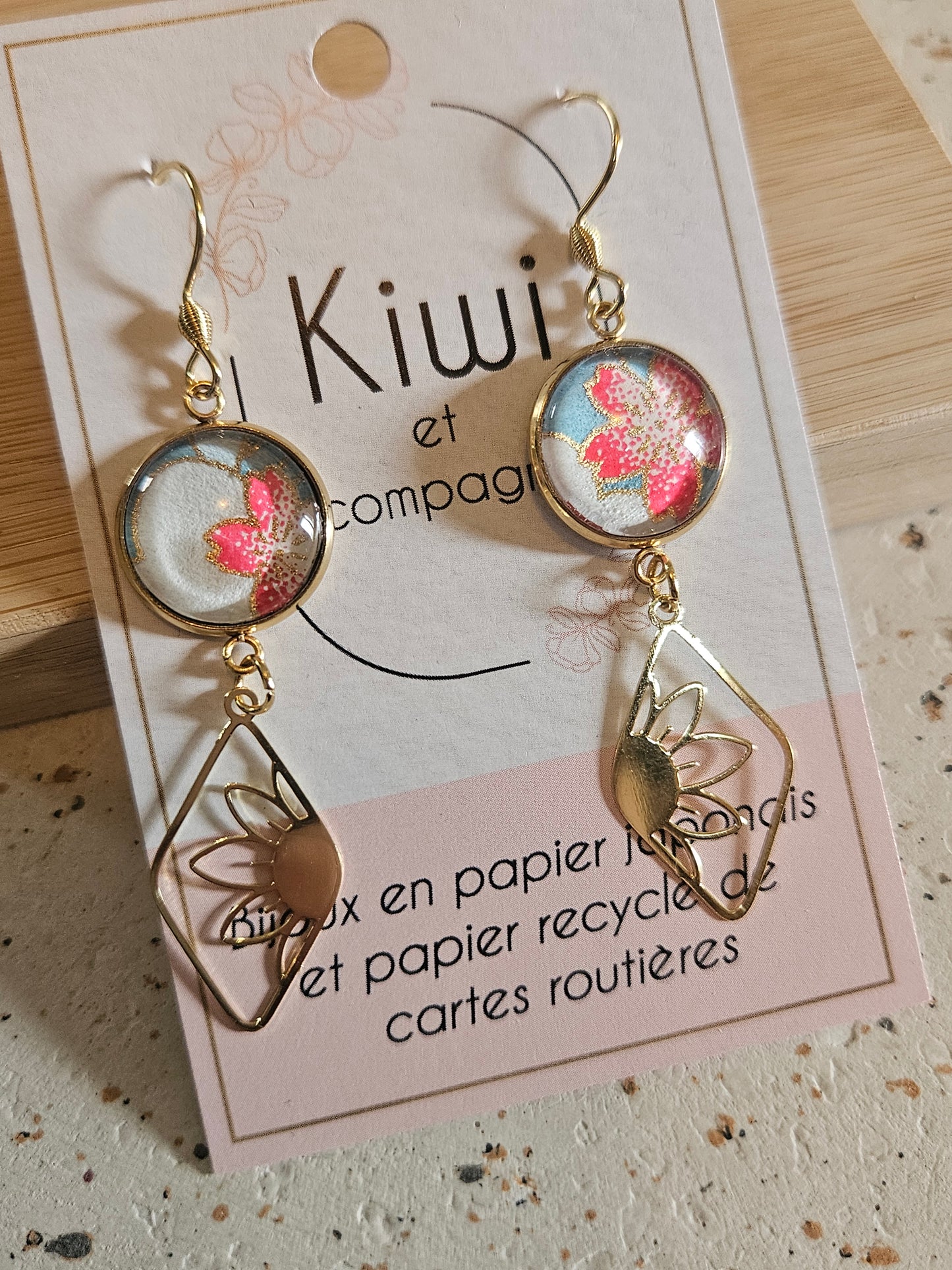 Boucles d'oreilles cabochons ronds 14mm - Acier inoxydable doré -losange