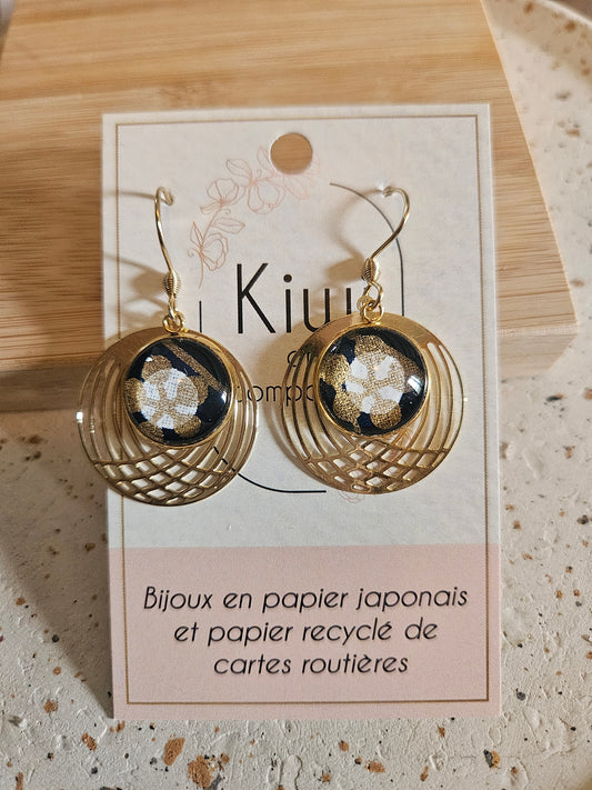 Boucles d'oreilles cabochons ronds 14mm - Acier inoxydable dore -cercle filigrane