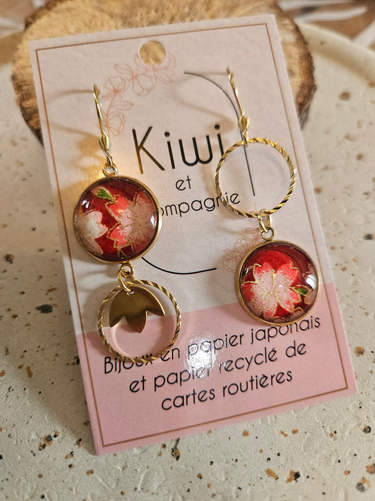 Boucles d'oreilles asymétriques en acier inoxydable doré– Cabochons 16mm rouge /rose