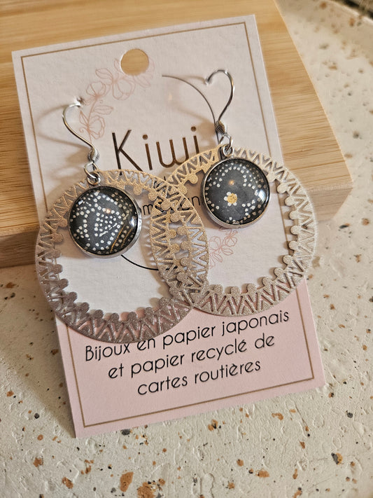 Boucles d'oreilles cabochons ronds 14mm - Acier inoxydable -anneau filigrane -gris