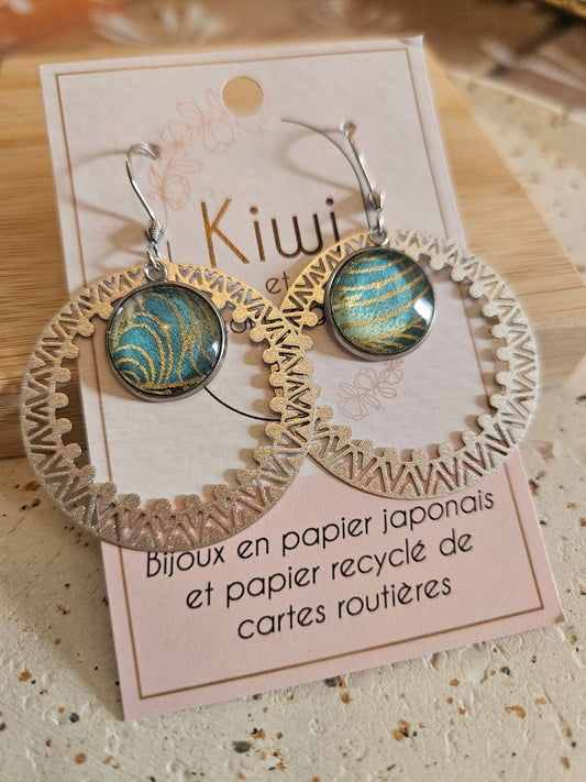 Boucles d'oreilles cabochons ronds 14mm - Acier inoxydable -anneau filigrane -vert