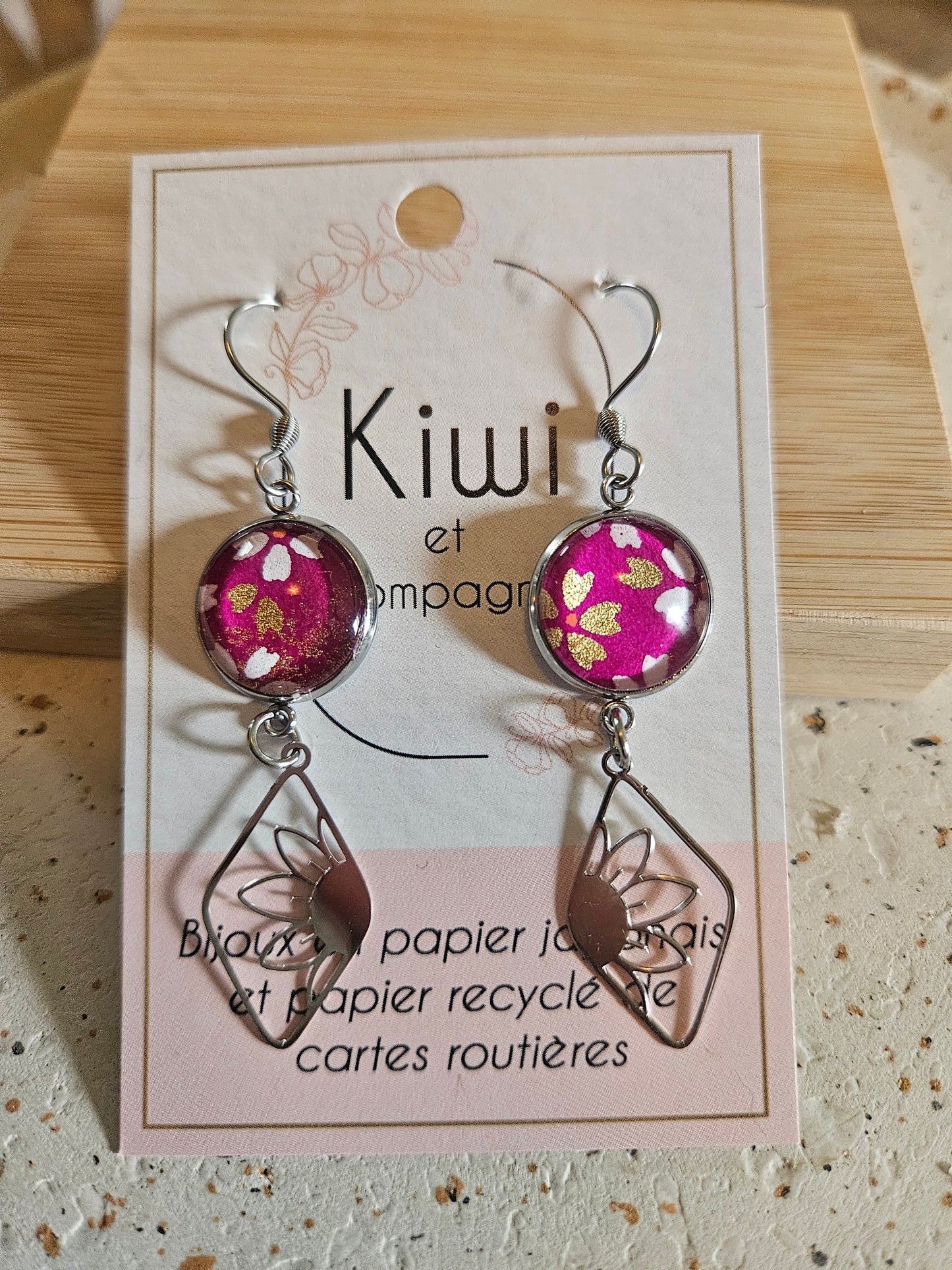 Boucles d'oreilles cabochons ronds 14mm - Acier inoxydable -losange framboise